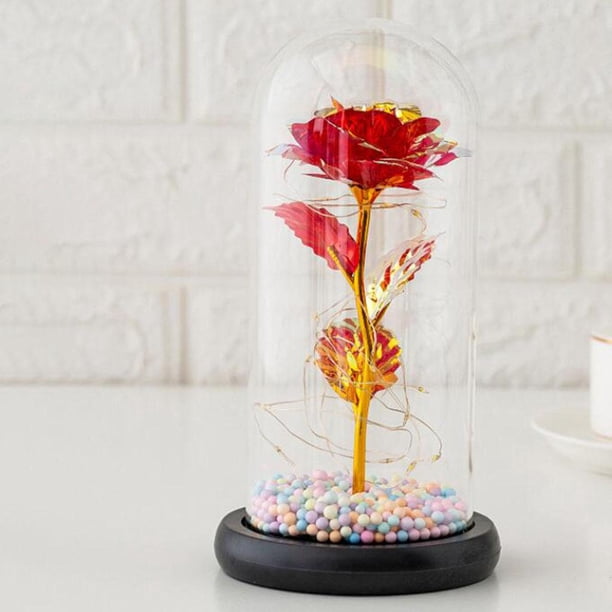 Rosa Colorida en Cúpula de Cristal, Flor Artificial con Luces de Hadas, Dorada para Ella, Cumpleaños Navidad Boda de Mujeres rojo Macarena cúpula de globo rosa