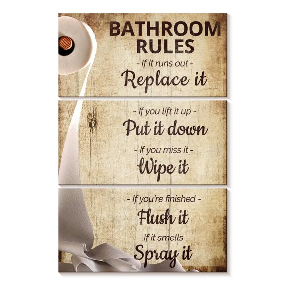Elephant Stock Funny Bathroom Rules Wall Art - Vertical Multi Panel Canvas - Bathroom Wall Decor - Humor Multi Panel - Brown And Gray Decor - 20" x 32"