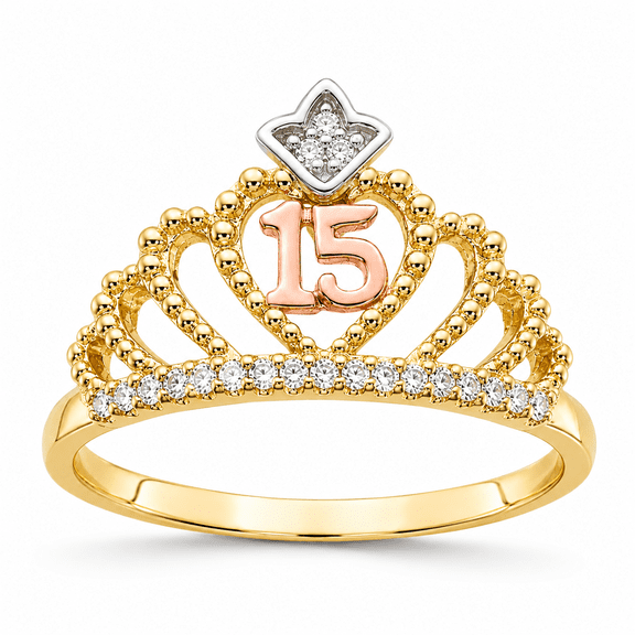 Anyel Jewelry Women's 10K Tri-Color Gold Quinceañera 15 Ring, 1/10 CTW Natural Diamonds, Size 7