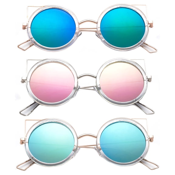 3 Pack Metal Plastic Dual Round Rims Cat Ear Fashion Sunglasses for Women, Flat Lens , Green, Pink & Yellow