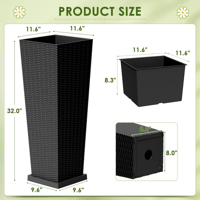 Homall 2-Pack 32" Tall Outdoor Plastic Planters with Inside Pots, Drainages and Trays, Rattan - Patterned for Patio Decor