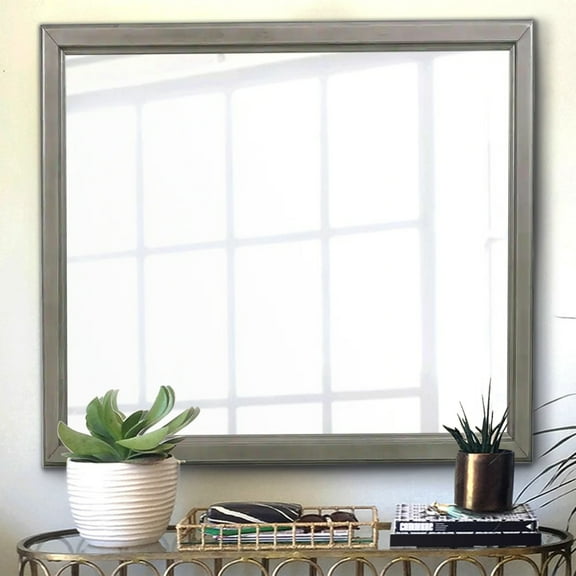 Benjara Wooden Square Mirror with Molded Details and Dual Texture, Gray-Finish:Gray