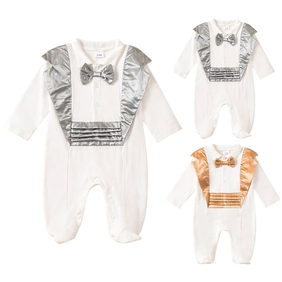 Faraee Baby Boys Gentleman Romper Button Down One-Piece Outfit Infant Cotton Tuxedo Jumpsuit Newborn Long Sleeve Clothes 0 3 6 12 Months Gold