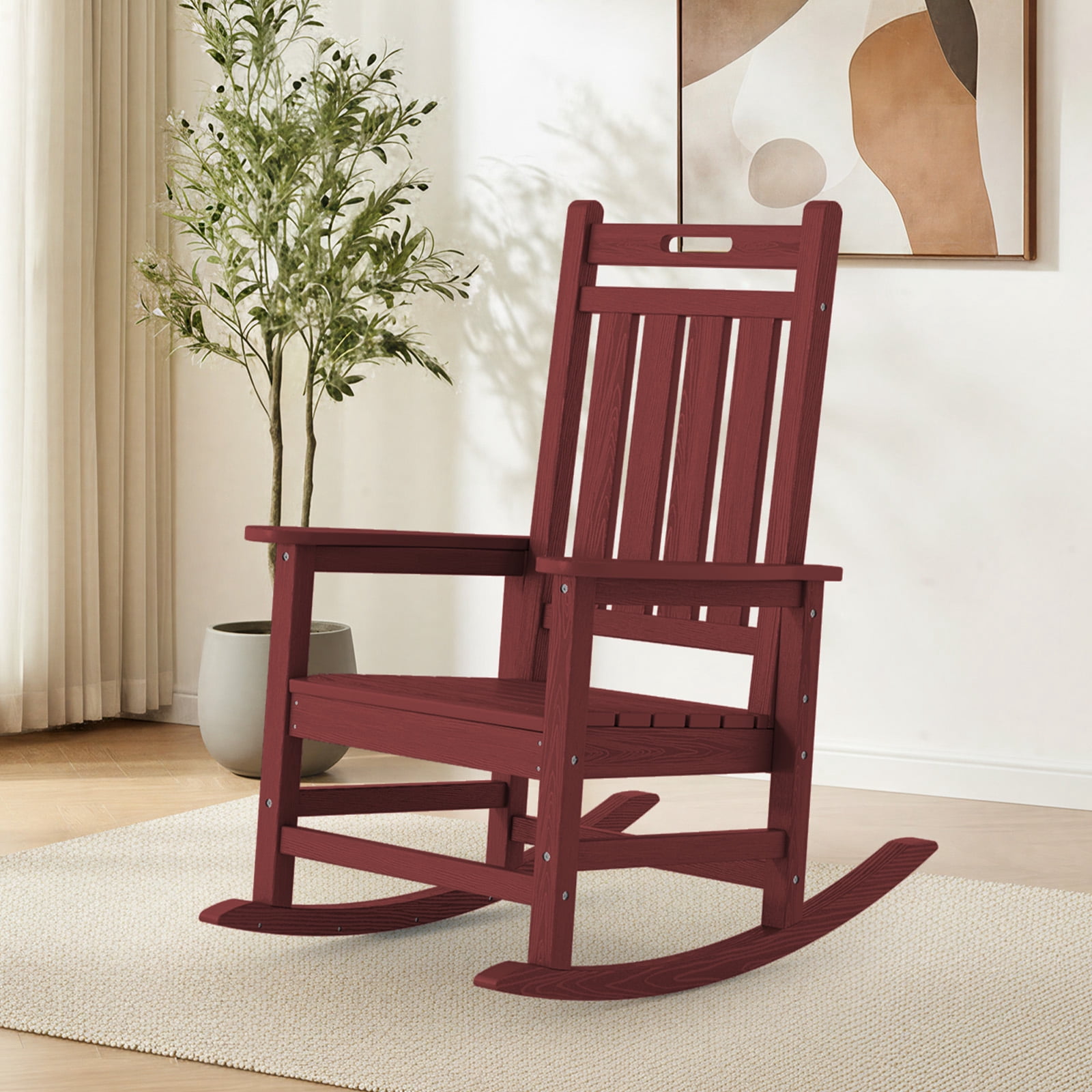 LOYALICE HDPE Outdoor Rocking Chair for Porch Patio, All-Weather High Back Rocker with Wood-Grain Texture, Heavy-Duty Deck Garden Seating, Fade-Resistant & Easy to Clean,Dark Red