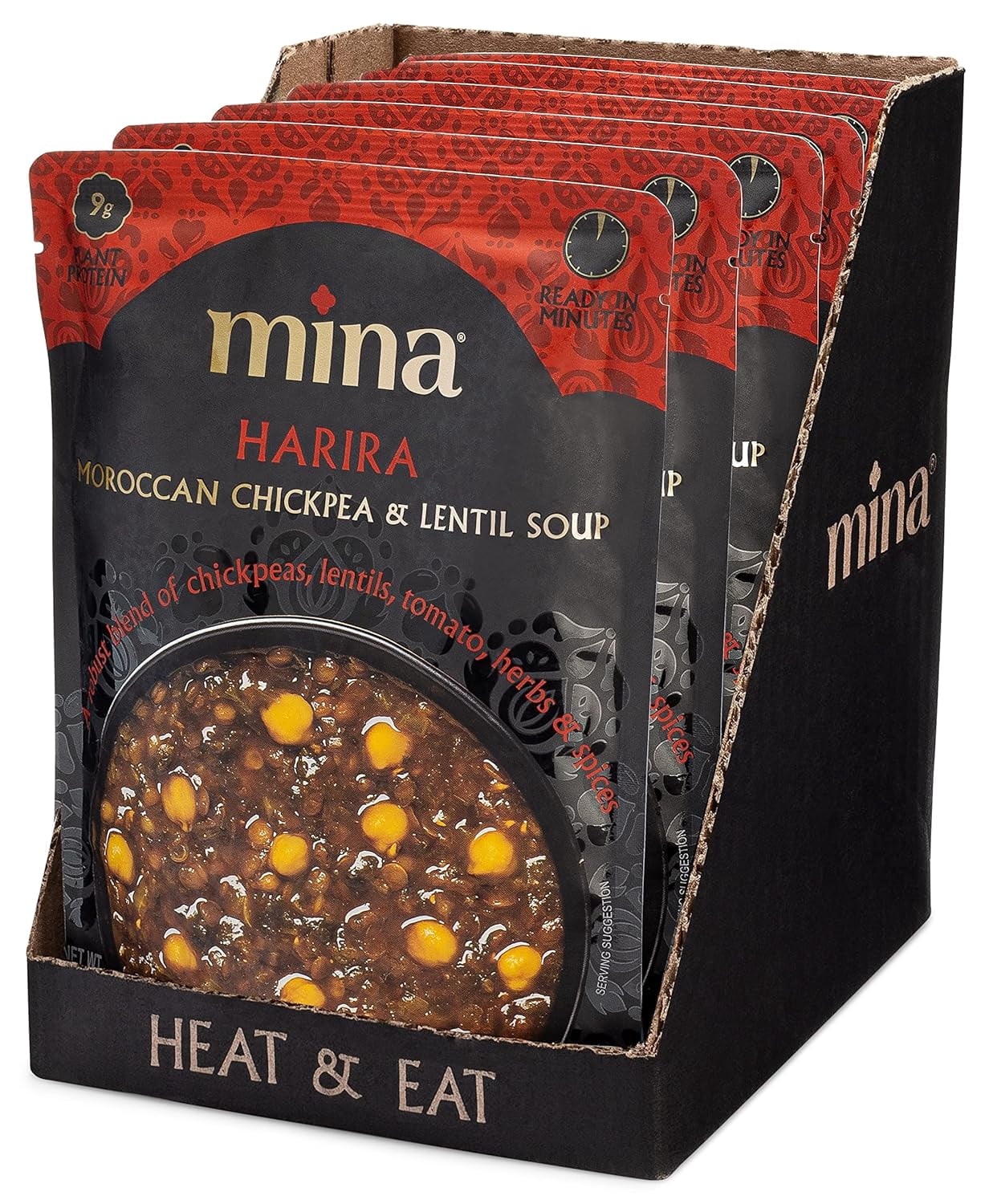 Mina Harira Moroccan Chickpeas & Lentils - 10 oz, 6 Pack, Vegan Lentil Soup, Ready to Eat Meals