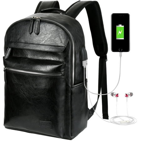 Mens Leather Backpack, Vbiger Business Backpack College School Bookbag PU Leather Travel Backpack for 15.6 Laptop with USB Charging Port and Headphone (Best Laptop Backpack For Men)