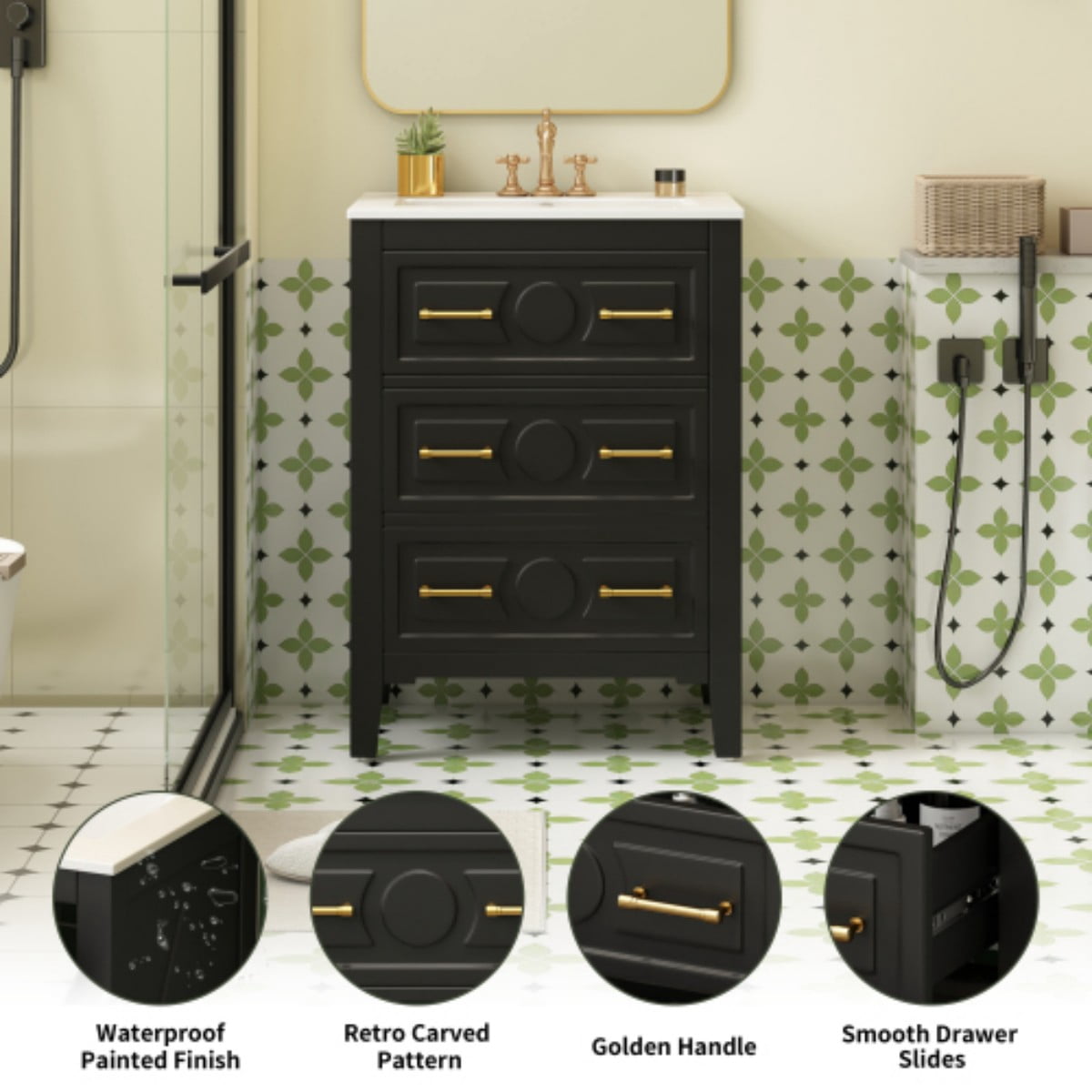 24" Bathroom Vanity with Ceramic Sink Combo, Freestanding Bathroom Storage Cabinet with 3 Drawers, Solid Wood Frame, Black