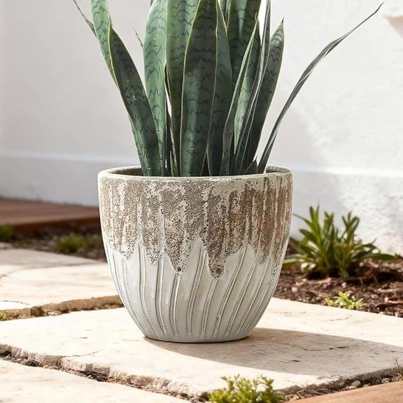 LuxenHome 14" Dia Round Pots for , Large Ceramic Outdoor  Pot with Drainage Hole and and Rubber Plug, Vertical Grooves & Speckled Glazed Indoor Decorative Fower Pot for Home Garden Patio