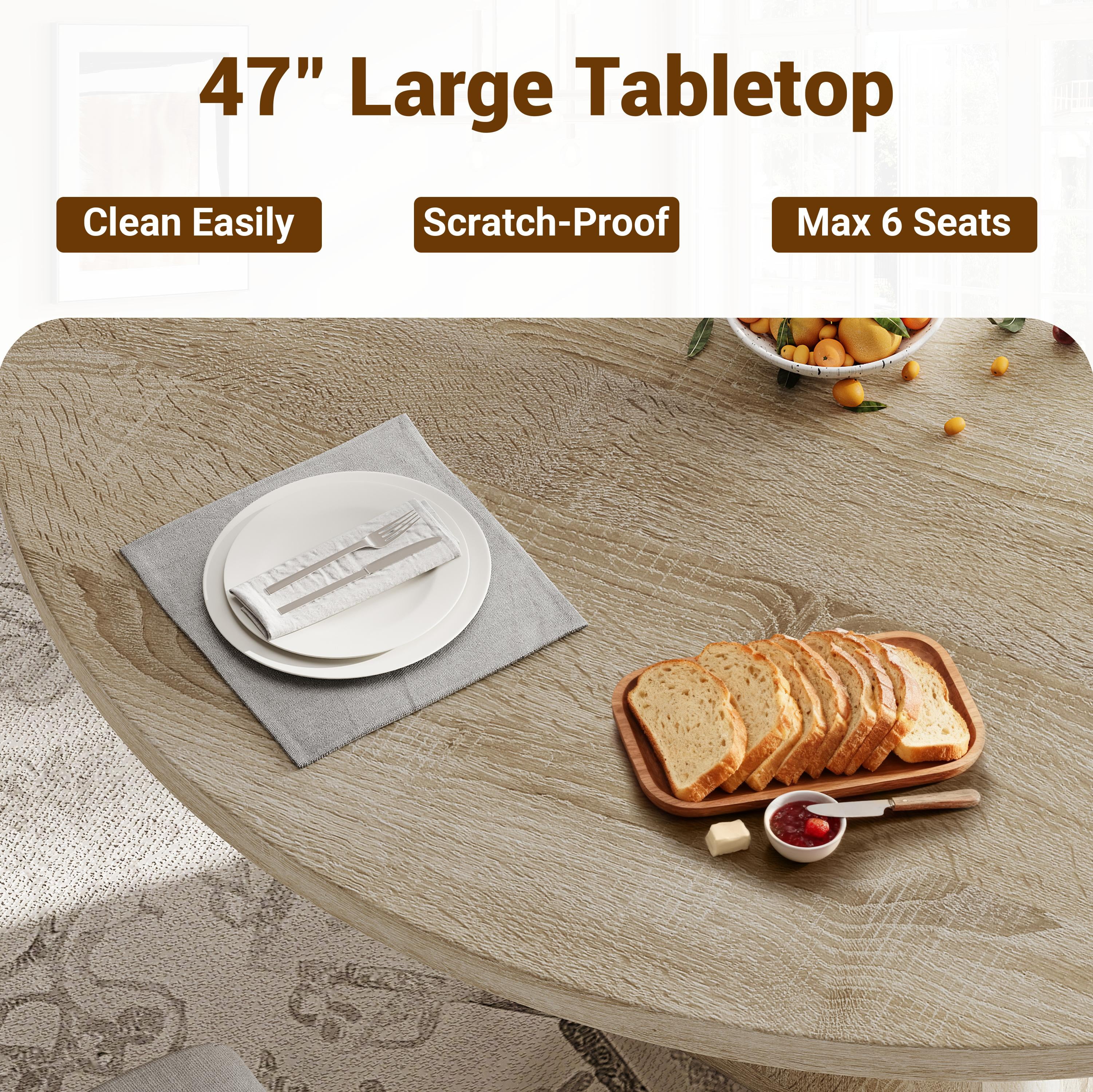 Round Dining Table for 6, LEGAHOME 47in Kitchen Dining Table with 0.7in Thick Tabletop, Wood Circle Pedestal Table for Dining Room, Natural Wood(Only Table)