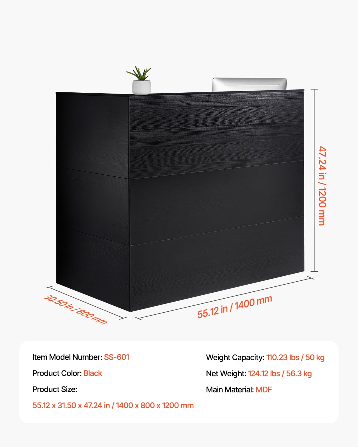 VEVOR Reception Desk, 55Inch L-Shaped Front Counter Table, Office Reception Counter with Drawer Keyboard Tray and Storage Cabinet, for Checkout, Lobby, Beauty Salon & Office, Black