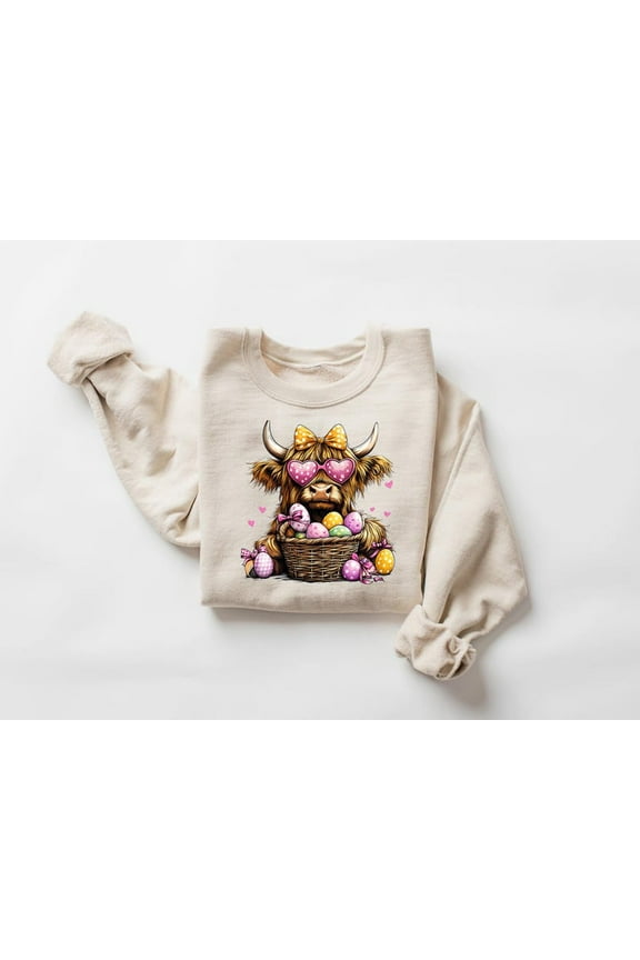 Highland Cow Easter Sweatshirt, Easter Eggs Heifer Shirt, Cute Cow Pullover, Festive Spring Outfit, Cow Lover Gift, Western Country Sweater