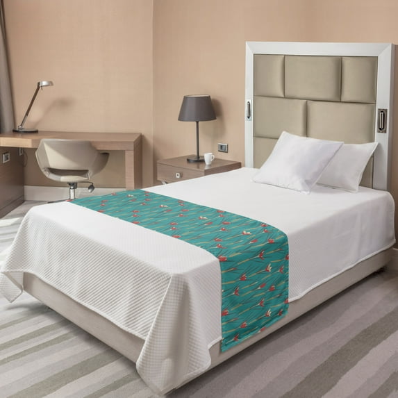 Floral Bed Runner, Repetitive Crocuses Leaves Simplistic Pattern, Decorative Accent Bedding Scarf for Hotels Homes and Guestrooms, Twin, Dark Seafoam Multicolor, by Ambesonne