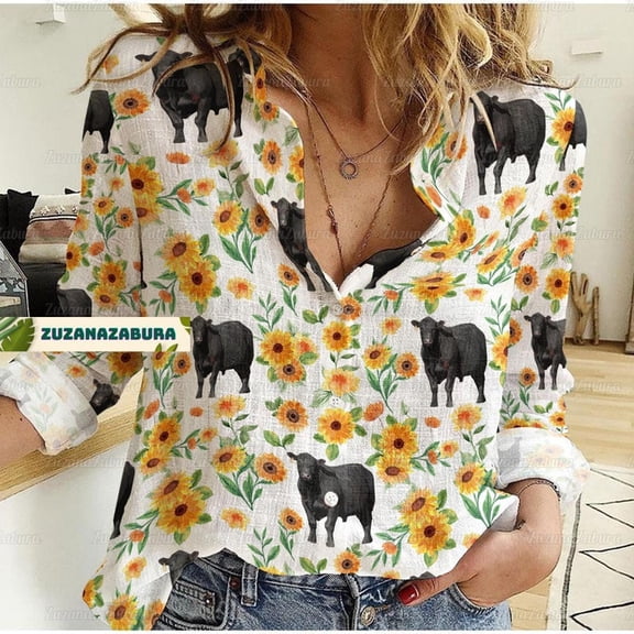 Black Angus Cattle Blouses Shirt, Sunflower And Cow Women Casual Shirt, Women's Clothing, Button Up Shirt, Long Sleeve Shirt, Gift For Her