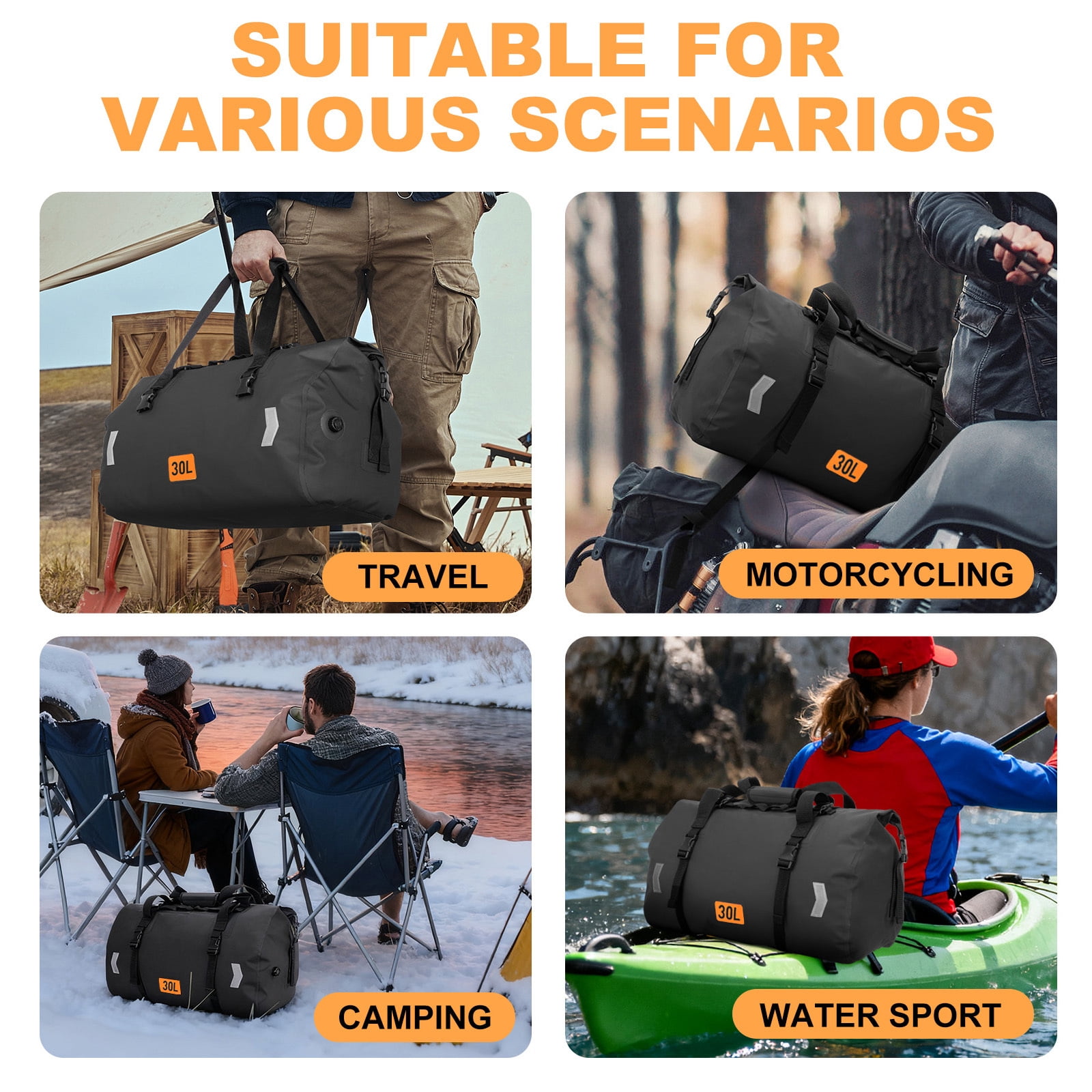 GPED Waterproof Duffel Bag, 50L Roll-top Motorcycle Dry Bag with Air Valve & Quick-fixed Straps, Travel Duffle Bags for Kayaking Paddle Boarding Rafting Boating Camping Riding Fishing