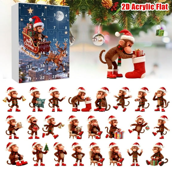 Comefolife 2025 Monkey Christmas Advent Calendar, 24-Day Christmas Countdown Calendar 2D Acrylic Monkey Pendants Set, Countdown to Christmas with Hanging Ornaments for Xmas Tree Decor (E)