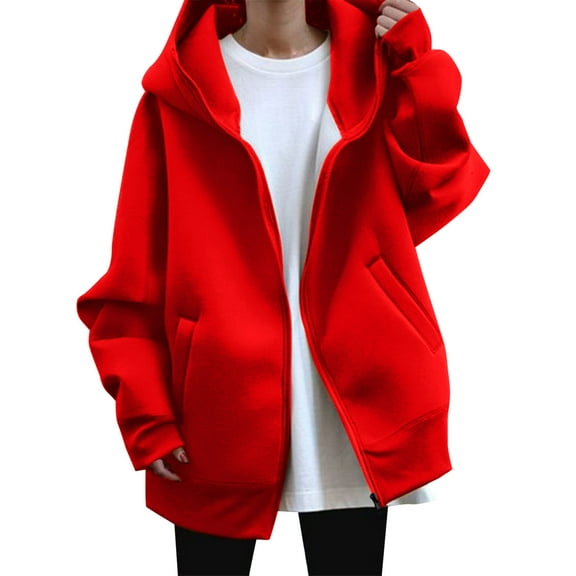 Arlun Full Zipper Hoodies for Women Loose Long Sleeve V-Neck Casual Sweatshirt Jackets Oversized Warm Soft Comfortable Fall Winter Workout Outwear with Pockets Red XL