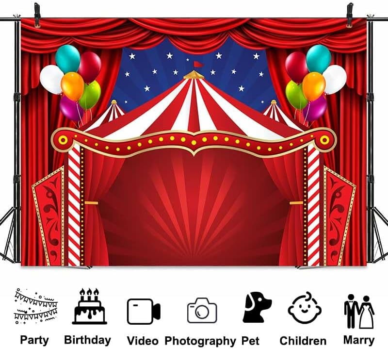 8 x 6 ft Carnival Backdrop, Circus Theme Red Curatin Balloon Backdrop Carnival Photo Booth Props Kids Adults Birthday Baby Shower Party Decoration Banner Polyester