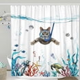 thumbnail image 1 of Funny Cat Shower Curtain Set Teal Blue Sea Ocean Waterproof Fabric Curtains with Animal Octopus Starfish Turtle Anchor Fish Nautical Bathroom Decor (B, 1 of 4