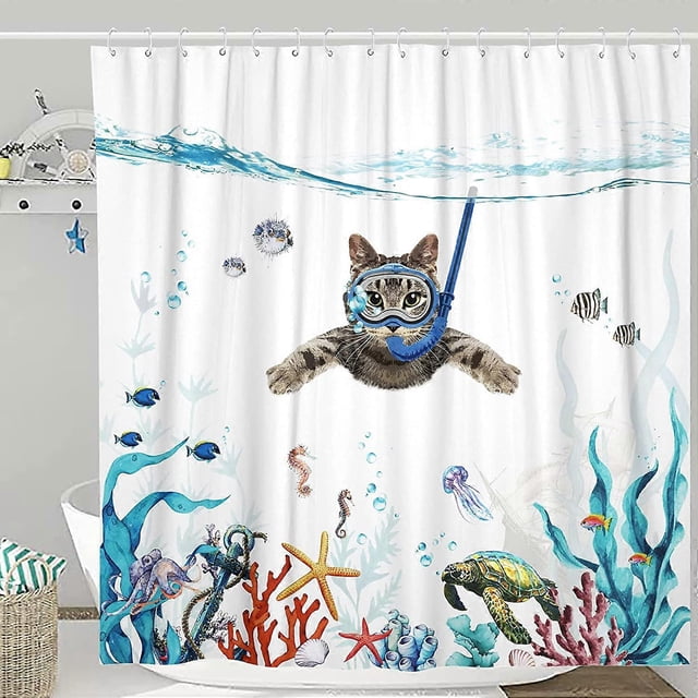 Funny Cat Shower Curtain Set Teal Blue Sea Ocean Waterproof Fabric Curtains with Animal Octopus Starfish Turtle Anchor Fish Nautical Bathroom Decor (B