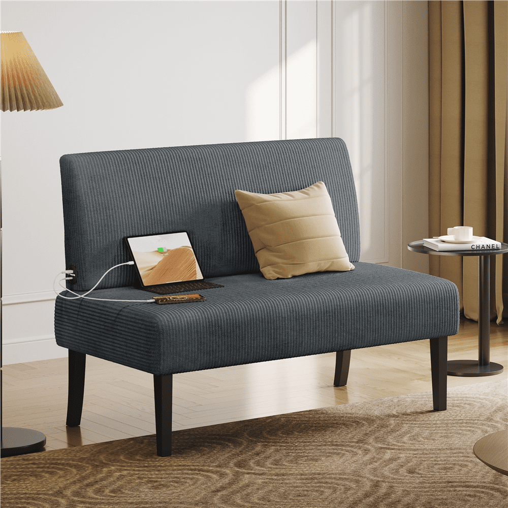 Renwick Corduroy Armless Loveseat with Strong Rubberwood Legs & USB Ports for Small Spaces, Dark Gray