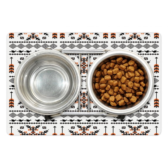 Tribal Pet Mat for Food and Water, Pattern Composition with Birds and Arrows Geometric Design, Non-Slip Rubber Mat for Dogs and Cats, 18" X 12", by Ambesonne