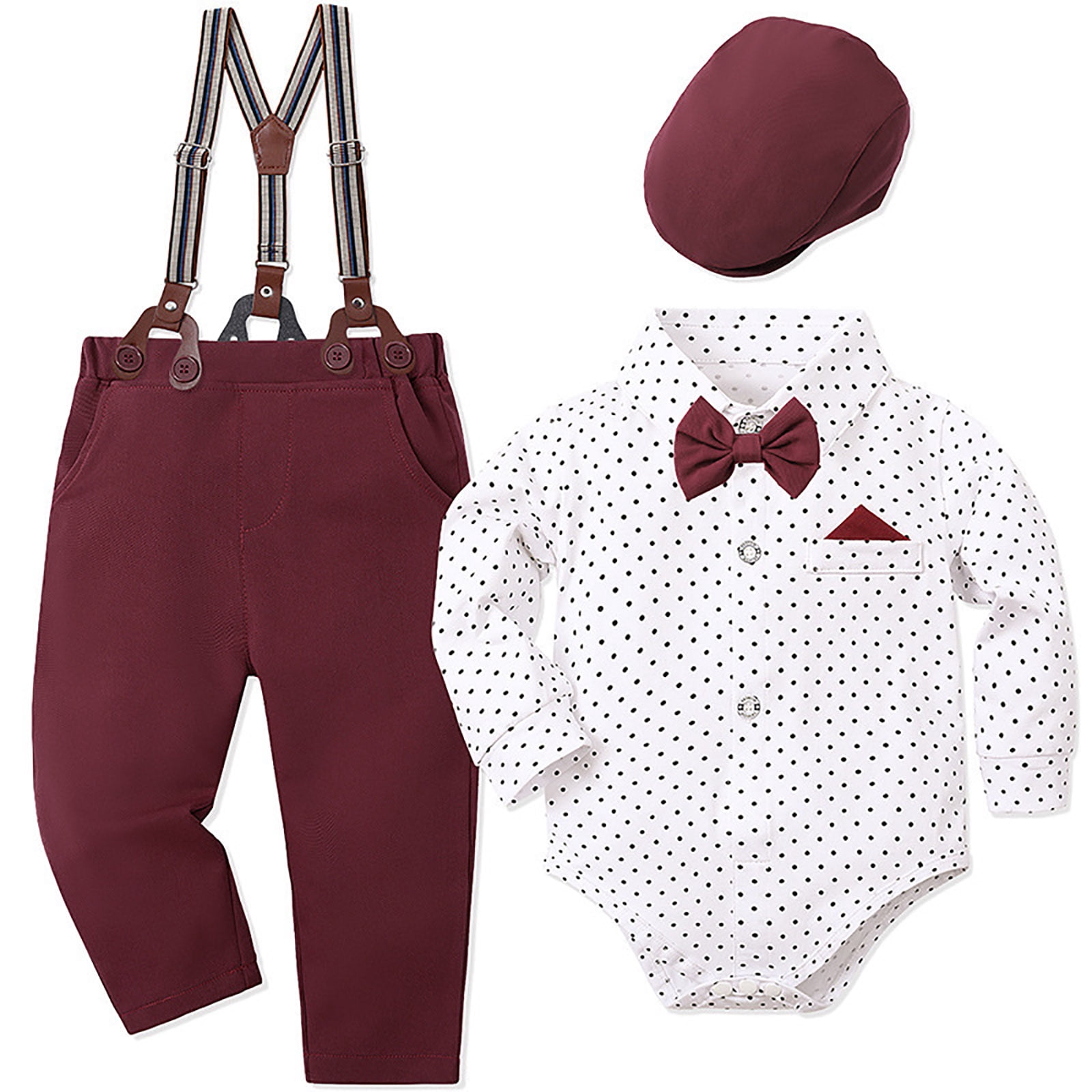 Ketyyh-chn99 Baby Baptism Outfit Boy Baby Boy Clothes Set Infant Tuxedo Long Sleeve Gentleman Suit Outfits + Suspender Pants + Bowtie Size for 0-3 Months,Red