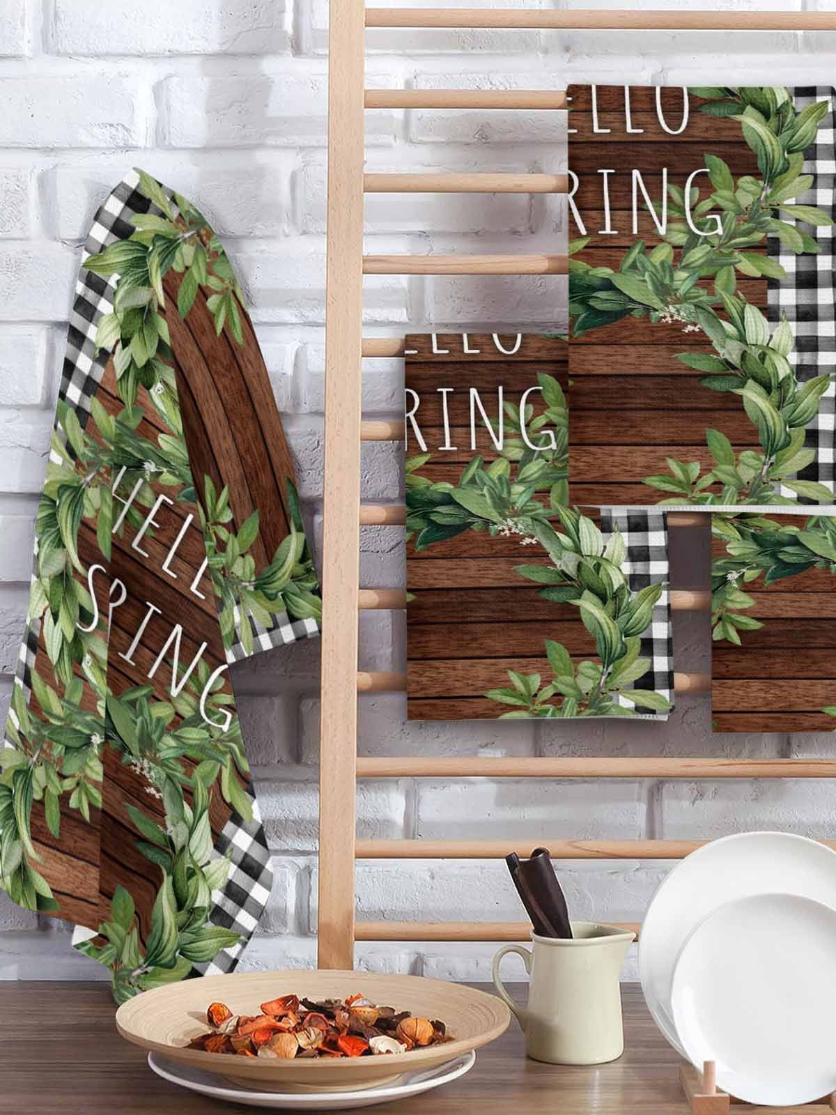 Farmhouse Green Garland Kitchen Dish Towels for Drying Dishes Set of 2, Spring Black Plaid Wood Grain Waffle Weave Microfiber Hand Tea Bathroom Towels Quick Dry & Absorbent Towel 15.7x23.6