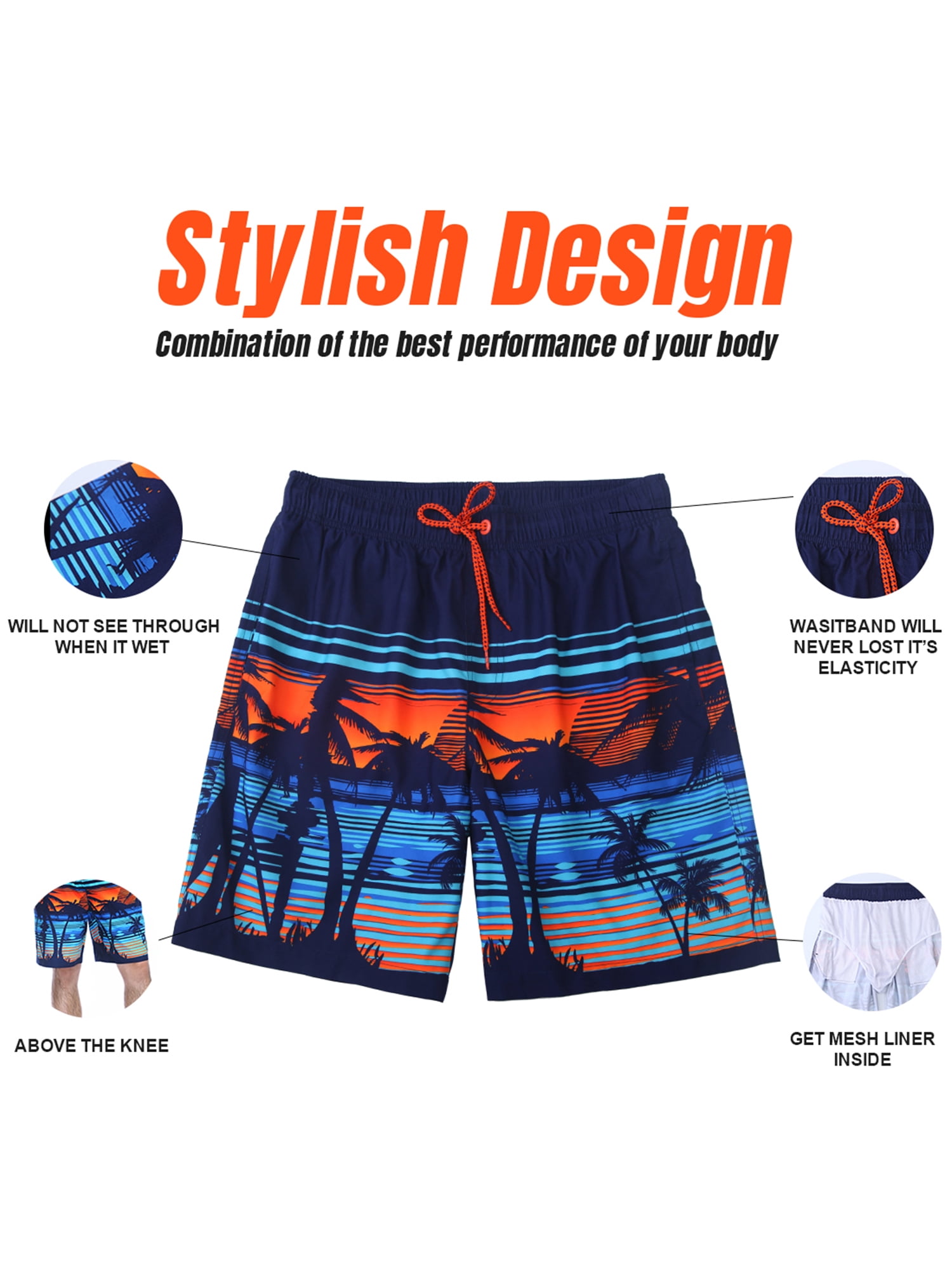 Rokka&Rolla Men's 8" Mesh Lined Swim Trunks, up to Size 2XL