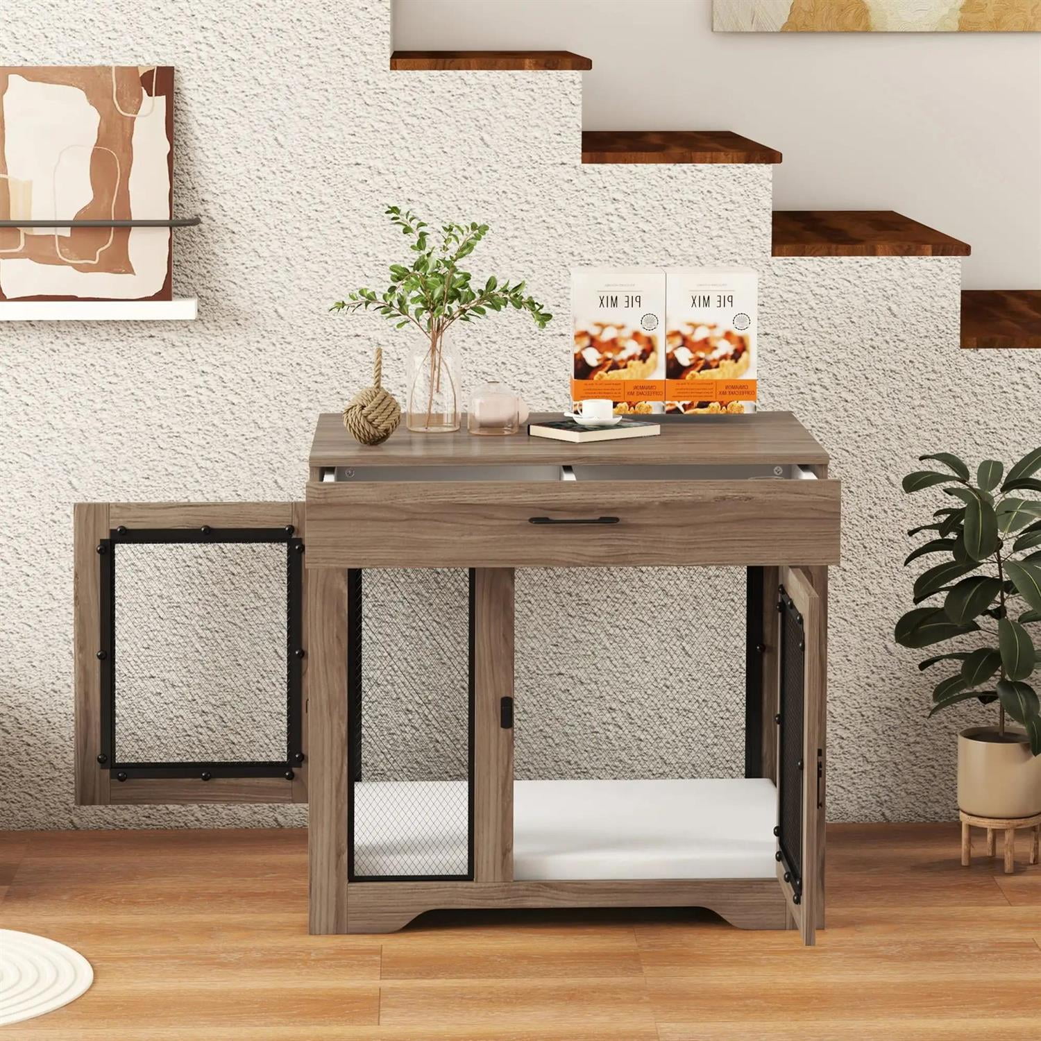 Pefilos 37" Dog Crate Furniture with Soft Water-Resistant Cushion, Drawer, Wooden Kennel Table, Indoor Dog House for Small Dogs, Brown