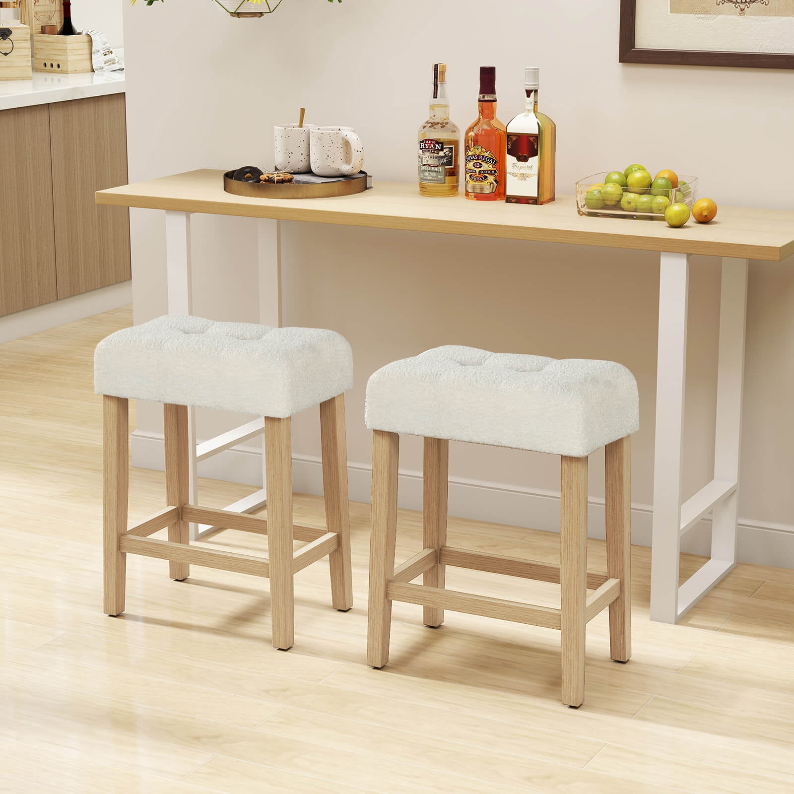 Costway Counter Height Bar Stools Set of 2 with Rubber Wood Legs Footrest Modern for Home Beige