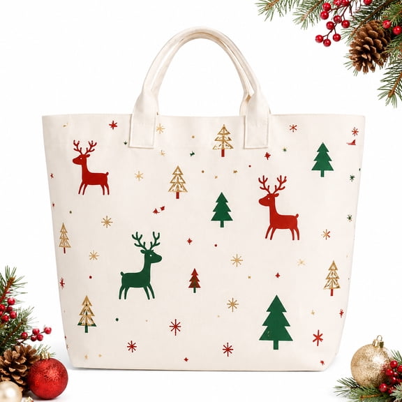 Fmbmuo Christmas Tote Bag for Women Reindeer with Christmas Tree Deer Print, Ladies Handbags, Cream Festive Carryall Shoulder Handbag