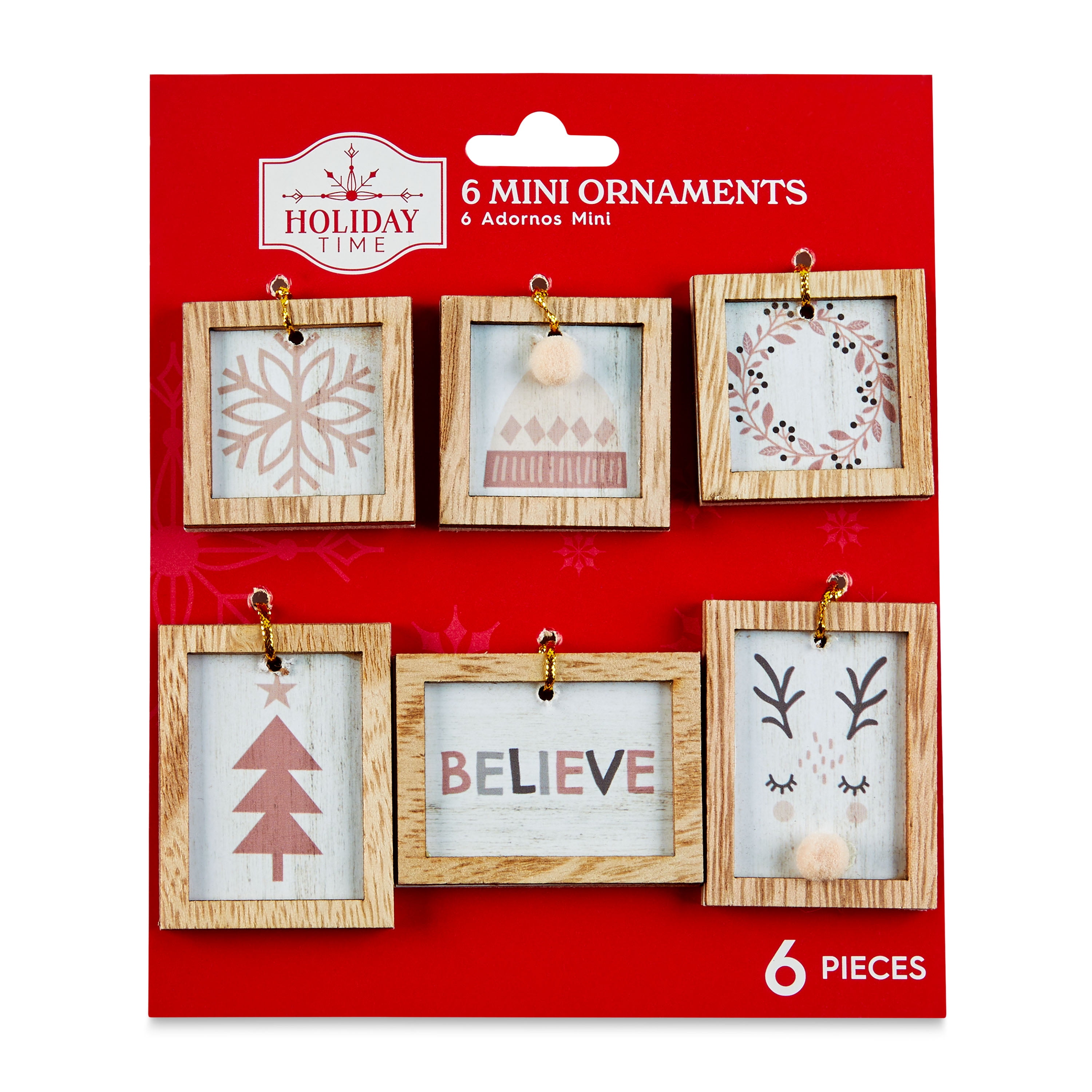 Holiday Time Christmas Tree Mini Ornaments, Frames, 6 Count