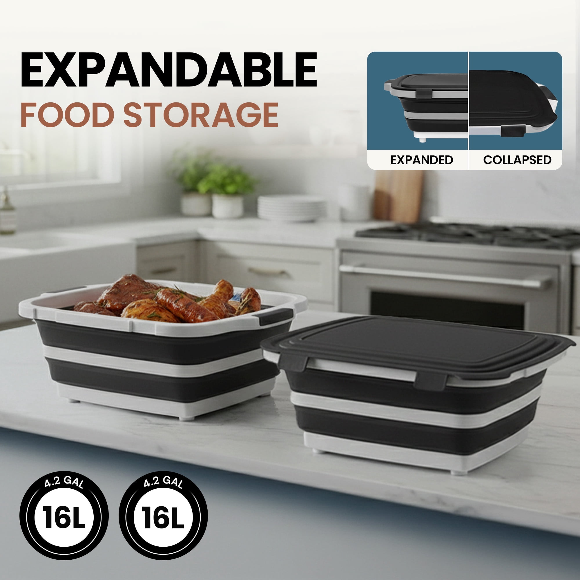 Havenity Bbq Prep Tub 2 Pack Black (16l+16l) - Multifunctional Collapsible Camping Cutting Board with Lid