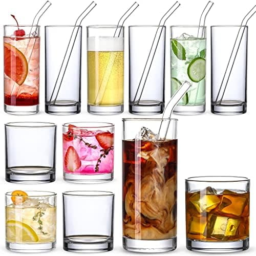 [ 12 Pack ] Glass Cups with Glass Straws, 12oz Highball & Rock Drinking Glasses, Everyday Drinkware Glasses Set, Cute Tumbler Cup, Kitchen Glasses for Iced Coffee, Water, Beer, Cocktail, Whiskey Gift
