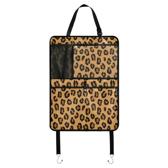 Car Seat Back Protector,Waterproof & Stain Resistant Kick Mats with Tablet Holder & Organizer Pockets,Easy-Clean Nylon Back Seat Protector Brown Leopard Print