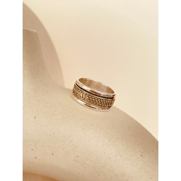 Two-Tone Gold Spinner Ring for Women – 925 Sterling Silver & Gold Fidget Ring, Handmade Meditation Anxiety-Relief Band, Christmas Gift for Her Ring Size- 11.5