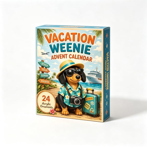24‑Day Vacation Weenie Dachshund Advent Calendar, Christmas Countdown Set with 24 Unique Beach Travel‑Themed Acrylic Hanging Ornaments, Holiday Surprise Decor Gift for Dog Lovers
