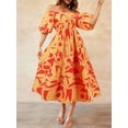 thumbnail image 3 of Yunliwuli Women's Long Dress Casual Off Shoulder Puff Sleeve Backless Smocked Waist Graphic Print Swing Dress for Club Party, 3 of 8