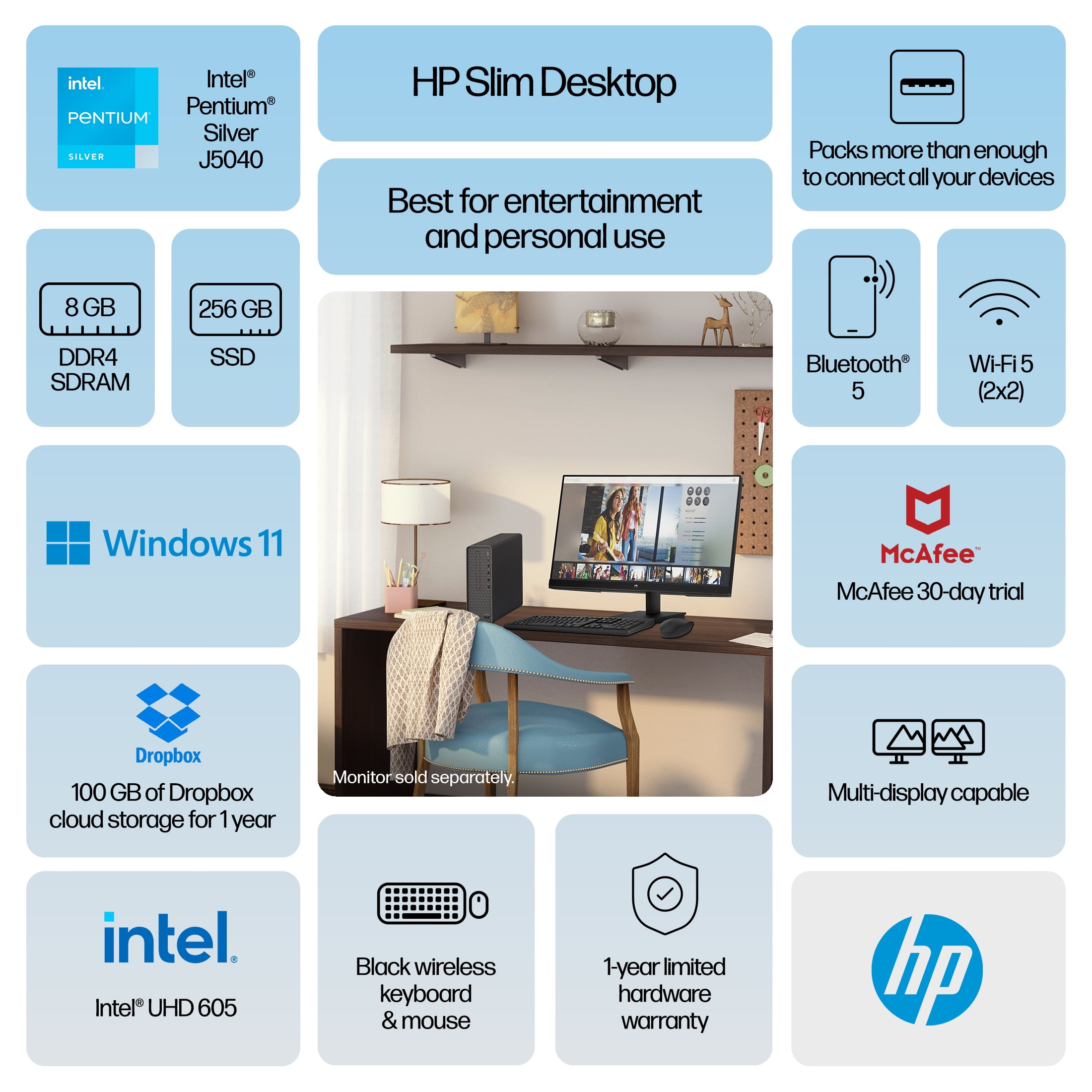 HP Slim Desktop Tower, Intel Pentium, 8GB Memory, 256GB SSD,  Windows 11 Home,  Black, S01-aF2023w