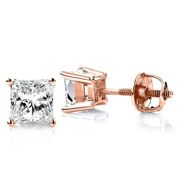 Ladies 14k Princess Cut Natural 0.25 Ctw Diamond Stud Earrings For Her (Rose Gold)