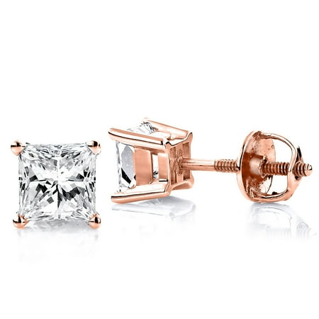 Rose Cut Earrings - Ladies 14k Princess Cut Natural 0.25 Ctw Diamond Stud Earrings For Her (Rose Gold)