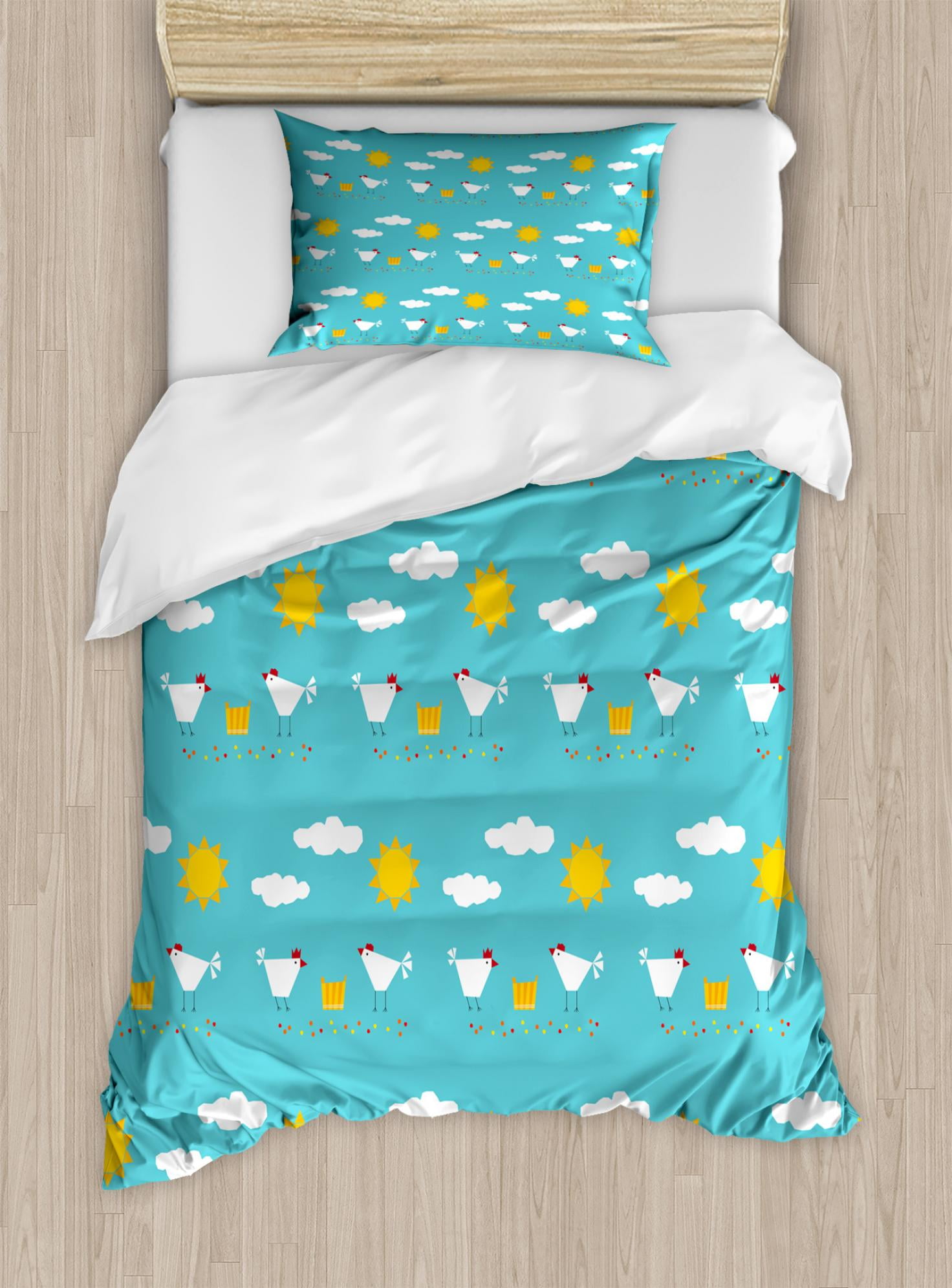 Cartoon Duvet Cover Set Twin Size Happy Funny Farm Morning Theme With Clouds Sun Rooster Get Up Kids Toddler Decorative 2 Piece Bedding 1