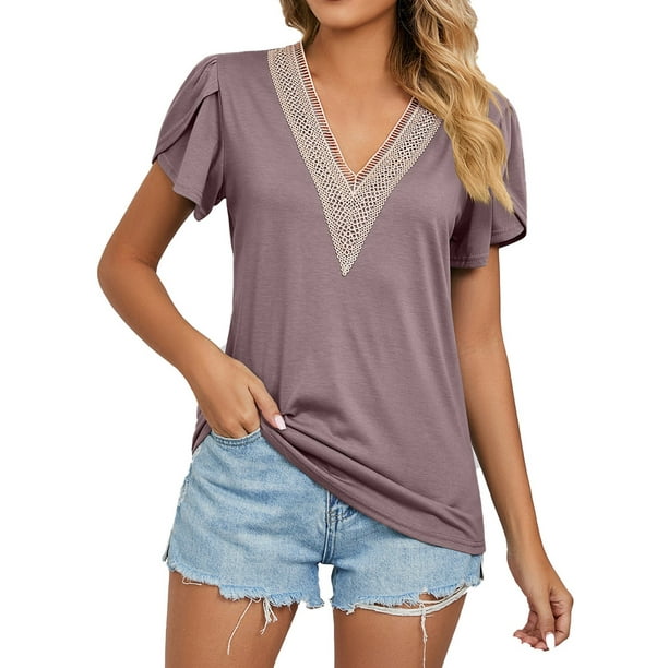 Cathalem Cotton Tshirts for Women Oversize Loose Round Neck Elastic  Tee,Purple XL