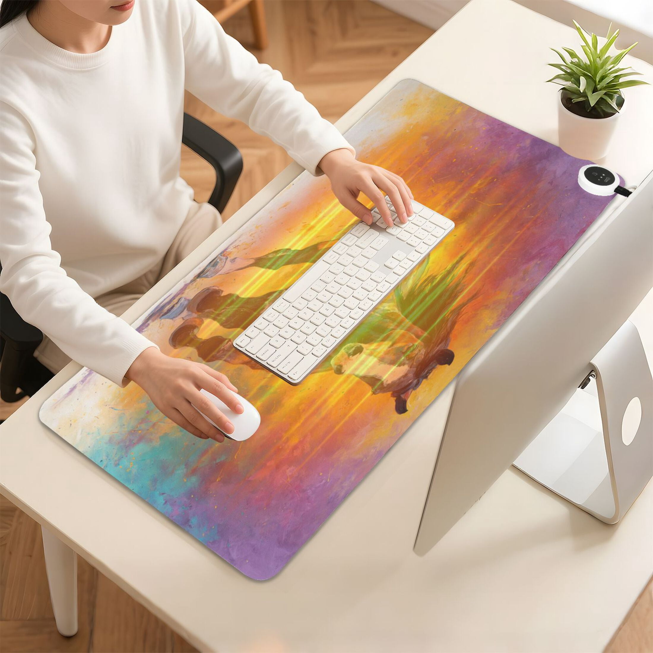 Large Heated Desk Mat Mouse Pad 31.5"x13"PU Leather Graphene Heating Desk Warmer with 3 Temperature Settings 110V US Plug Non-Slip Warm Pad for Home, Office, and Gaming Dynamic Equestrian Art Design