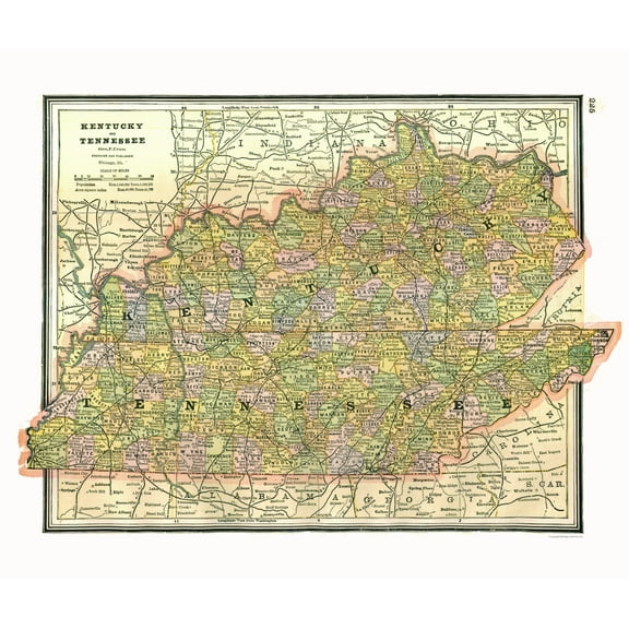 Historic State Map - Kentucky Tennessee - Johnson 1888 - 27.29 x 23 - Vintage Wall Art