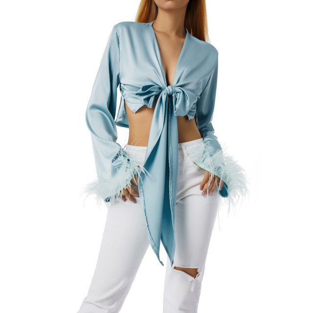 SAYOO, blusa de manga larga con lazo en la parte delantera, cárdigan de satén con cuello de pico, Tops cortos de manga de plumas Vintage, camisa Harajuku E-Girl, ropa de calle SAYOO Casual