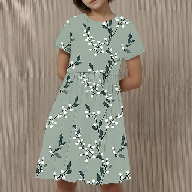 LOVZFMLL Robe à Manches Courtes Imprimée Mode Enfant 3-12 Ans Col Rond
