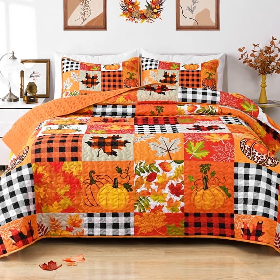 BLEUM CADE 3 Pieces Fall Quilt Set Queen Size, Thanksgiving Pumpkin Maple Leaves Plaid Bedding Set , Soft Lightweight Bedspread Coverlet Set Queen