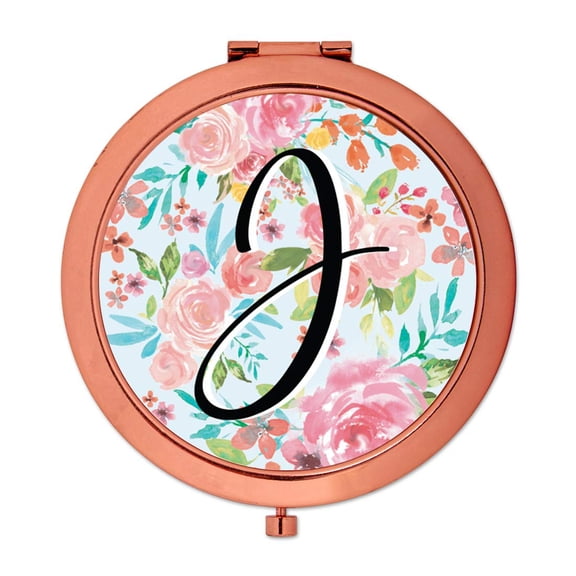 Koyal Wholesale Compact Mirror Bridesmaid's Wedding Gift, Rose Gold, Monogram Letter J, Tea Party Pink Floral Flowers
