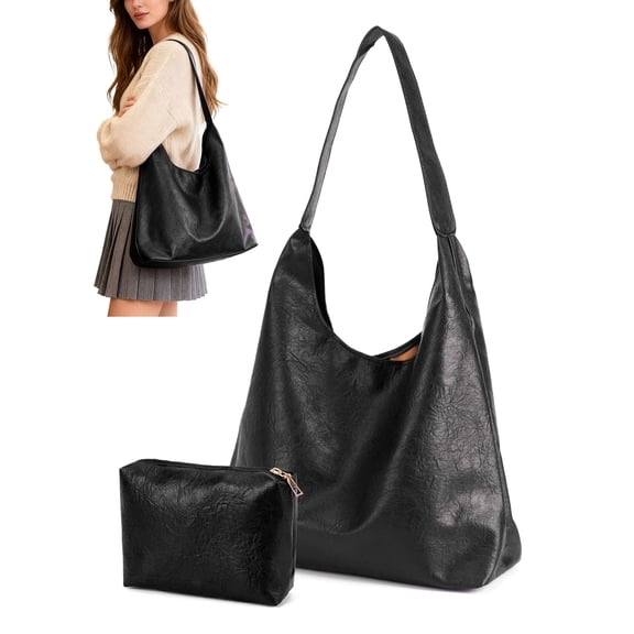 LAVA Hobo Bag Purses for Women, Soft Shoulder Bag Vegan Leather Tote Slouchy Handbag with Pouch (Black)